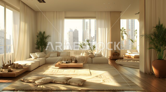 غرفة معيشة بواجهة زجاجية عصرية, التصميم الداخلي للمنازل والبيوت باللون الأبيض، أثاث واكسسوارات منزلية داخلية أنيقة، شقق وفلل سكنية فاخرة، فنادق ومنتجعات بديكورات راقية في المملكة العربية السعودية