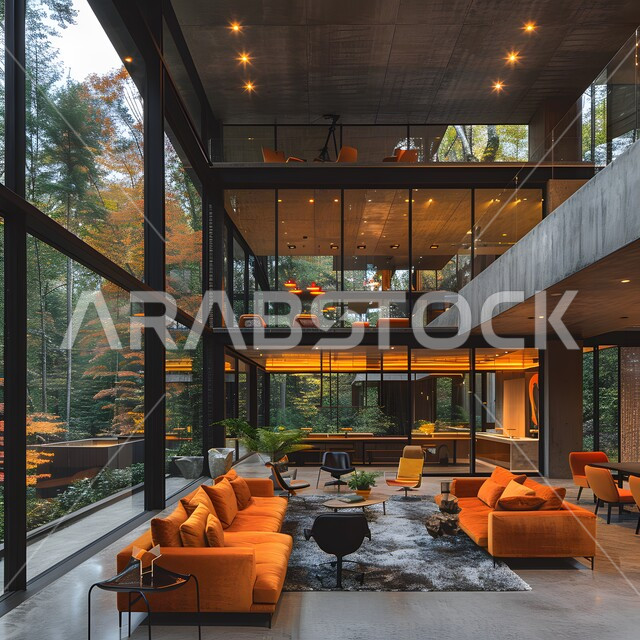 التصميم الداخلي للمنازل والبيوت باللون البرتقالي، غرفة معيشة بواجهة زجاجية عصرية, أثاث واكسسوارات منزلية داخلية أنيقة، شقق وفلل سكنية فاخرة، فنادق ومنتجعات بديكورات راقية في المملكة العربية السعودية
