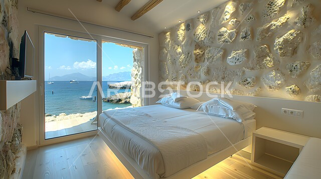 Using elegant artistic style in home furniture, modern bedroom decorations in white, distinctive interior designs for villas and residential apartments in the Kingdom of Saudi Arabia, a comfortable bed in calm colors, high-end interior home accessories