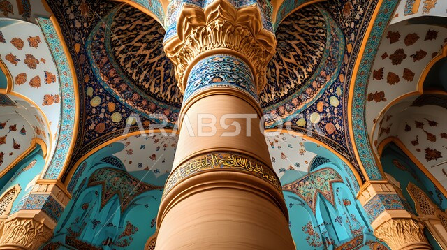 النقوش والزخارف للاعمدة والاقواس على الطراز الاسلامي، صورة مقربة لعمود منقش بآيات قرآنية، الفن الهندسي المعماري العريق، التصاميم والديكورات الأنيقة للمساجد في المملكة العربية السعودية