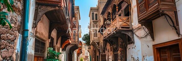 Wooden balconies and windows and intricate designs of ancient Arab architecture, arts and engineering designs and Arab heritage in Jeddah, neighborhoods, alleys and historical tourist attractions in the Kingdom of Saudi Arabia, historical buildings made of stone in the historical country