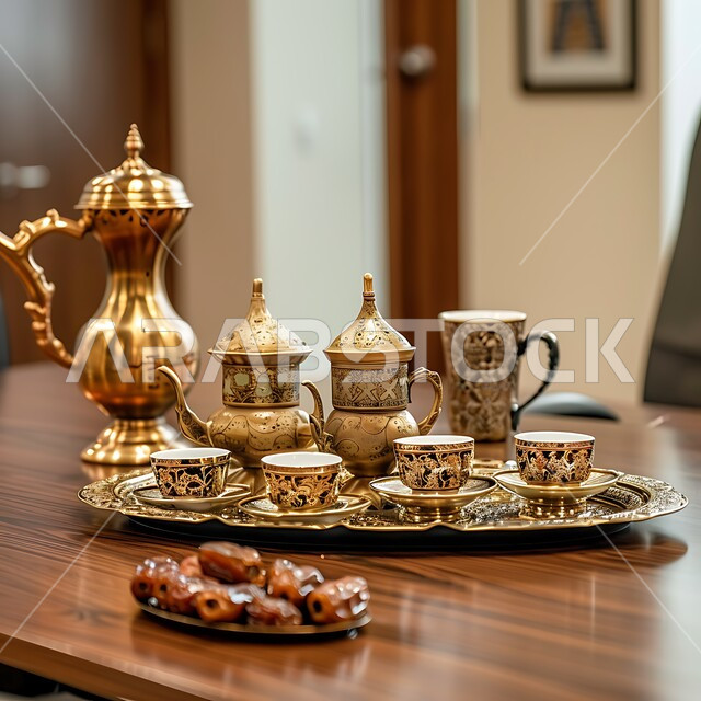  جودة المنتجات المحلية الوطنية, الاستمتاع بالمشروبات الساخنة, إعداد قهوة سعودية تقليدية على طاولة غرفة الاجتماعات مع طبق من التمر الشهي، التراث والأصالة والعراقة, حسن الضيافه وكرم الإستقبال في المملكة العربية السعودية، العادات العربية القديمة في تقديم القهوة