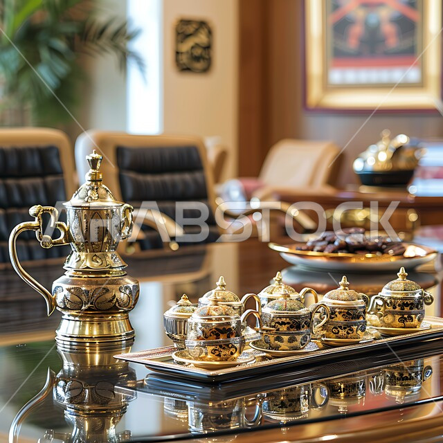 Old Arab customs of serving coffee, quality of local national products, enjoying hot drinks, preparing traditional Saudi coffee on the meeting room table with a plate of delicious dates, heritage, authenticity and antiquity, hospitality and generous reception in the Kingdom of Saudi Arabia