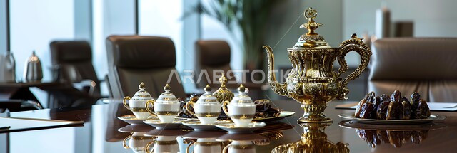 إعداد قهوة سعودية تقليدية على طاولة غرفة الاجتماعات مع طبق من التمر الشهي، التراث والأصالة والعراقة, حسن الضيافه وكرم الإستقبال في المملكة العربية السعودية، العادات العربية القديمة في تقديم القهوة, جودة المنتجات المحلية الوطنية, الاستمتاع بالمشروبات الساخنة