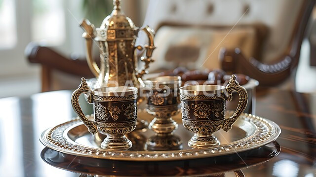 Heritage, authenticity and antiquity, hospitality and generous reception in the Kingdom of Saudi Arabia, ancient Arab customs in serving coffee, quality of local national products, enjoying hot drinks, preparing traditional Saudi coffee on the meeting room table with a plate of delicious dates