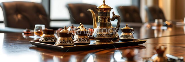 العادات العربية القديمة في تقديم القهوة, جودة المنتجات المحلية الوطنية, الاستمتاع بالمشروبات الساخنة, إعداد قهوة سعودية تقليدية على طاولة غرفة الاجتماعات مع طبق من التمر الشهي، التراث والأصالة والعراقة, حسن الضيافه وكرم الإستقبال في المملكة العربية السعودية