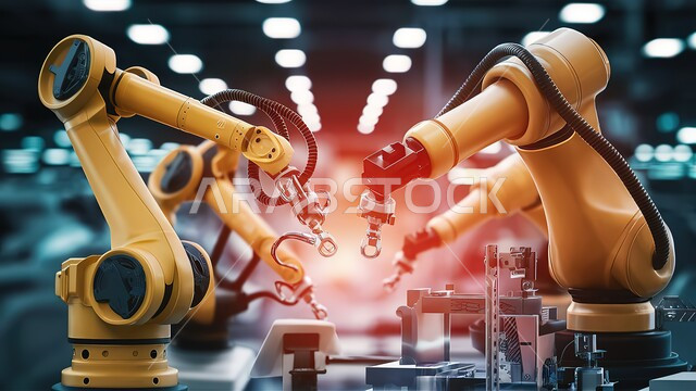 مفهوم التقدم التقني و التحول الرقمي, رؤية سعودية مستقبلية 2030, الكفاءة في التصنيع والانتاج وتحقيق الثورة الصناعية في الصناعات الالكترونية, تطور التكنولوجيا و التقنية الحديثه, صورة مقربة لأذرع روبوتات ذكية تعمل على حزام ناقل في إحدى المصانع