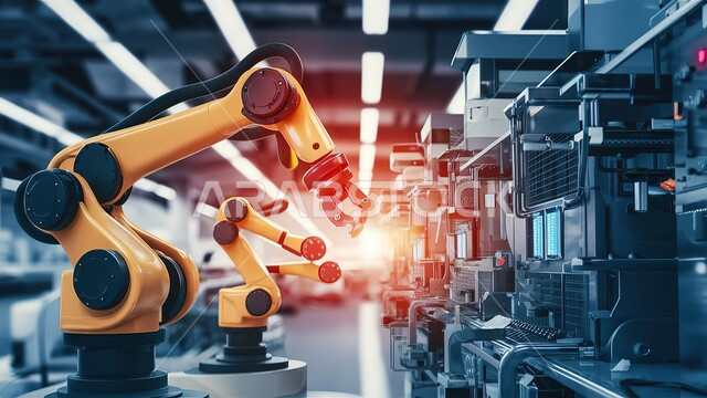 الكفاءة في التصنيع والانتاج وتحقيق الثورة الصناعية في الصناعات الالكترونية, تطور التكنولوجيا و التقنية الحديثه, صورة مقربة لأذرع روبوتات ذكية تعمل على حزام ناقل في إحدى المصانع, مفهوم التقدم التقني و التحول الرقمي, رؤية سعودية مستقبلية 2030