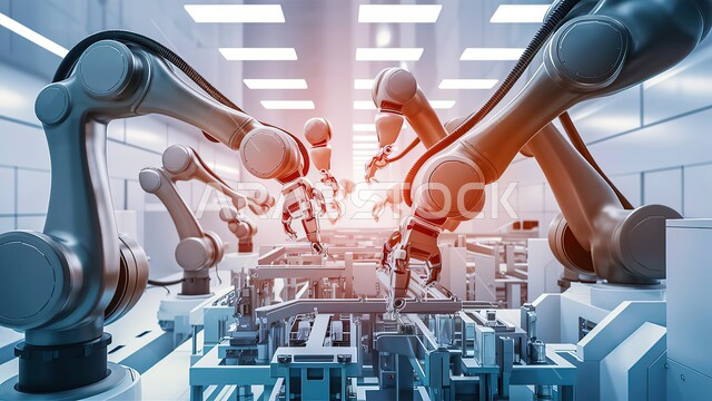 الكفاءة في التصنيع والانتاج وتحقيق الثورة الصناعية في الصناعات الالكترونية, تطور التكنولوجيا و التقنية الحديثه, صورة مقربة لأذرع روبوتات ذكية تعمل على حزام ناقل في إحدى المصانع, مفهوم التقدم التقني و التحول الرقمي, رؤية سعودية مستقبلية 2030