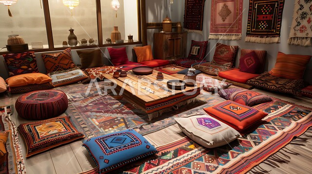 Traditional council with colorful cushions, carpets and low tables, authenticity, originality and Saudi heritage, traditional popular councils in the Kingdom of Saudi Arabia, Arab guesthouse and enjoyable gatherings, adherence to Saudi heritage