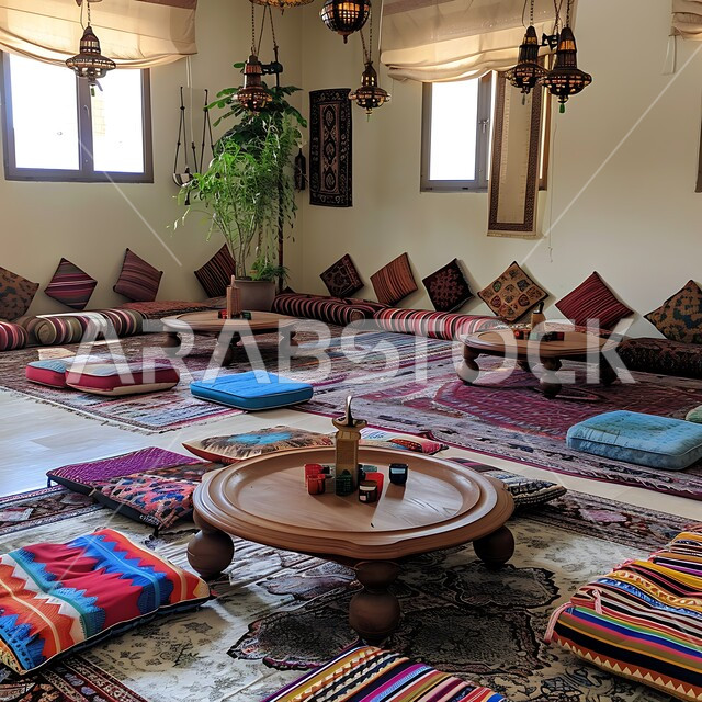Traditional council with colorful cushions, carpets and low tables, authenticity, originality and Saudi heritage, traditional popular councils in the Kingdom of Saudi Arabia, Arab guesthouse and enjoyable gatherings, adherence to Saudi heritage