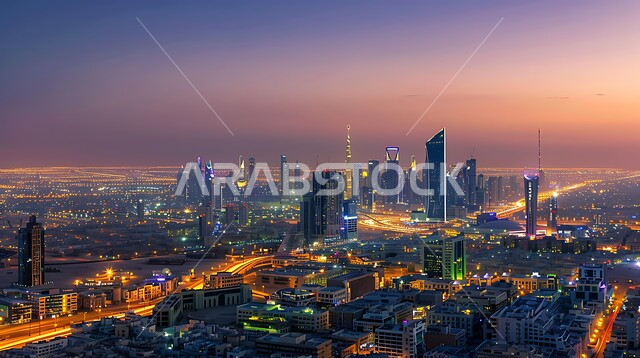 Future imaginary view of urban progress and growth, concept of infrastructure development and improvement, modern architectural arts and designs of skyscrapers in Saudi Arabia, illuminated towers and commercial buildings at sunset