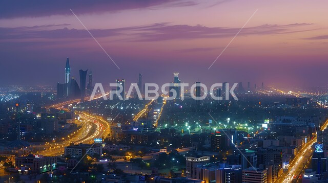 Concept of infrastructure development and improvement, futuristic imaginary view of urban progress and growth, modern architectural arts and designs of skyscrapers in Saudi Arabia, illuminated towers and commercial buildings at sunset