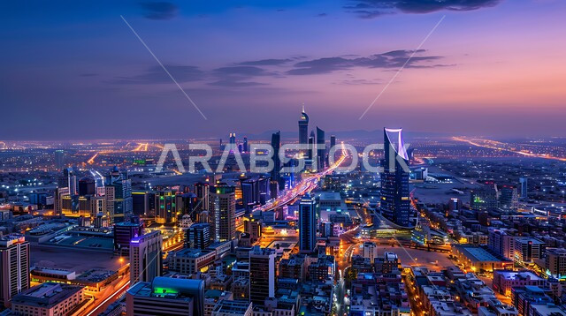 منظر تخيلي مستقبلي للتقدم و النمو العمراني، مفهوم تطوير وتحسين البنية التحتية، الفنون والتصاميم الهندسية المعمارية الحديثة لناطحات السحاب في المملكة العربية السعودية، الأبراج المضيئه والمباني التجارية في وقت غروب الشمس