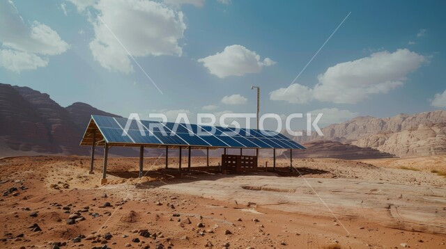 محطات الطاقات الشمسية المتجددة, مفهوم انتاج الطاقة البديلة الصديقة للبيئة في المملكة العربية السعودية, الرمال الذهبية الناعمة, صورة من الأعلى لألواح الطاقة الكهروضوئية وسط المناطق الصحراوية في النهار