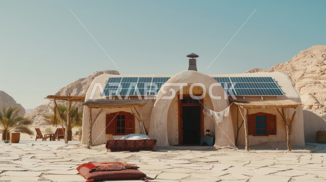 مفهوم انتاج الطاقة البديلة الصديقة للبيئة في المملكة العربية السعودية, الرمال الذهبية الناعمة, صورة من الأعلى لألواح الطاقة الكهروضوئية فوق منزل طيني من الطوب وسط المناطق الصحراوية في النهار، محطات الطاقات الشمسية المتجددة