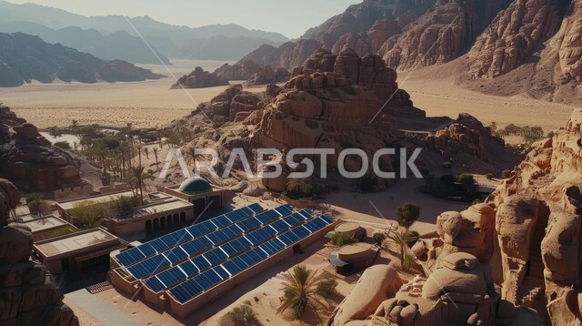 محطات الطاقات الشمسية المتجددة, مفهوم انتاج الطاقة البديلة الصديقة للبيئة في المملكة العربية السعودية, الرمال الذهبية الناعمة, صورة من الأعلى لألواح الطاقة الكهروضوئية وسط المناطق الصحراوية في النهار