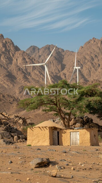 مفهوم استخدام الطاقات المتجددة صديقة البيئة، التنمية المستدامة بالطاقة البديلة في المملكة العربية السعودية، حقول توربينات الرياح وطواحين الهواء وسط الرمال الذهبية في المناطق الصحرواية