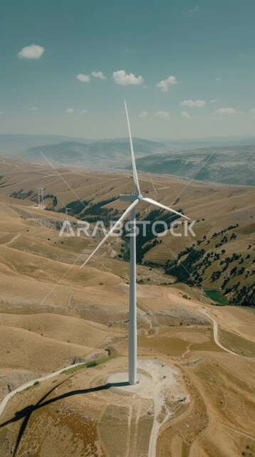 التنمية المستدامة بالطاقة البديلة في المملكة العربية السعودية، حقول توربينات الرياح وطواحين الهواء وسط الرمال الذهبية في المناطق الصحرواية، مفهوم استخدام الطاقات المتجددة صديقة البيئة