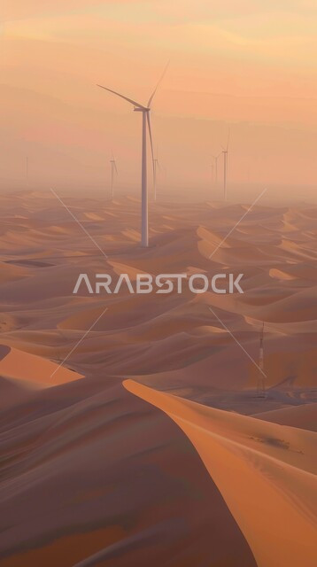 حقول توربينات الرياح وطواحين الهواء وسط الرمال الذهبية في المناطق الصحرواية، مفهوم استخدام الطاقات المتجددة صديقة البيئة، التنمية المستدامة بالطاقة البديلة في المملكة العربية السعودية