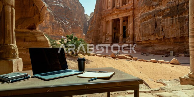 Using advanced technologies, a laptop on a wooden table overlooking the desert nature, working on a laptop during the summer vacation, the role of modern technology in providing greater comfort for individuals, taking advantage of free time to develop mental skills