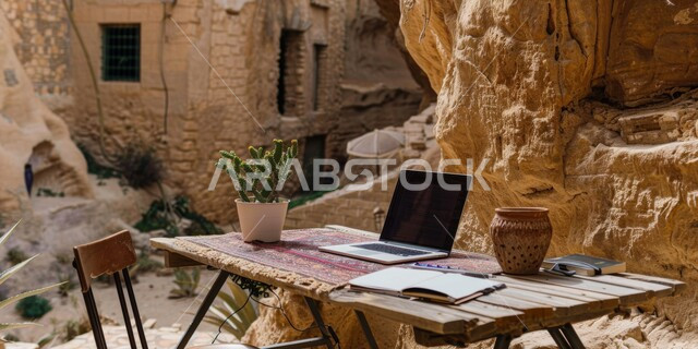 دور التكنولوجيا الحديثة في توفير راحة أكبر للأفراد, الاستفادة من أوقات الفراغ في تنمية المهارات الذهنيه، استخدام التقنيات المتطورة، جهاز الحاسوب المحمول على طاولة خشبية في مطلة على الطبيعة الصحراوية، العمل على اللابتوب في العطلة الصيفية