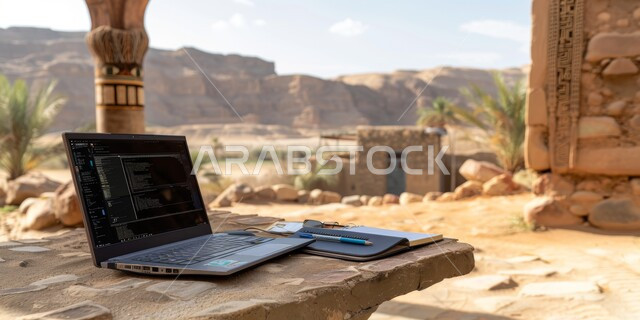 الاستفادة من أوقات الفراغ في تنمية المهارات الذهنيه، استخدام التقنيات المتطورة، جهاز الحاسوب المحمول على طاولة خشبية في مطلة على الطبيعة الصحراوية، العمل على اللابتوب في العطلة الصيفية، دور التكنولوجيا الحديثة في توفير راحة أكبر للأفراد