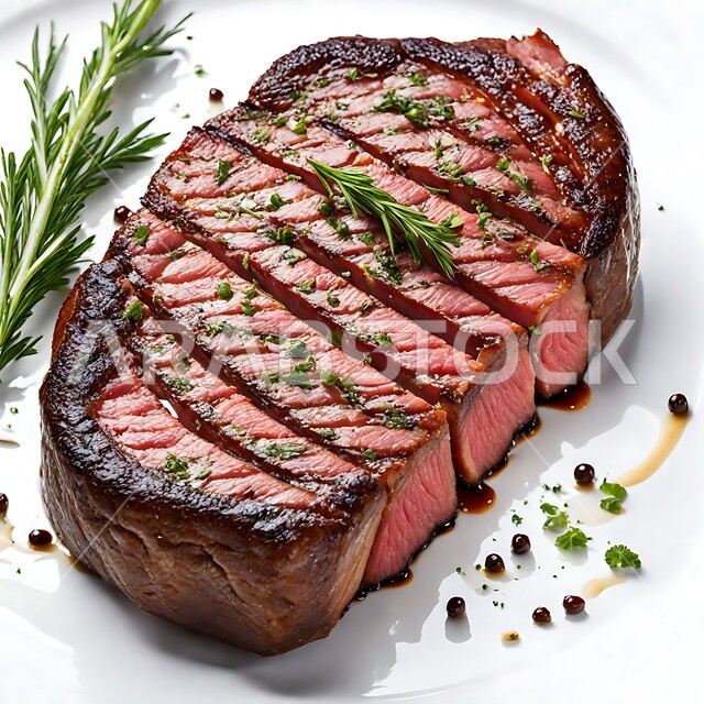 مطاعم و مطابخ المملكة العربية السعودية, فنون تقديم الأطعمة الشرقية, مأكولات صحية شهية, وصفات اللحوم الغنية بالبروتين, صورة مقربة لطبق شريحة لحم مشوية شهية مع الأعشاب, خلفية بيضاء