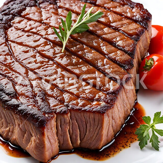 مطاعم و مطابخ المملكة العربية السعودية, فنون تقديم الأطعمة الشرقية, مأكولات صحية شهية, وصفات اللحوم الغنية بالبروتين, صورة مقربة لطبق شريحة لحم مشوية شهية مع الأعشاب, خلفية بيضاء