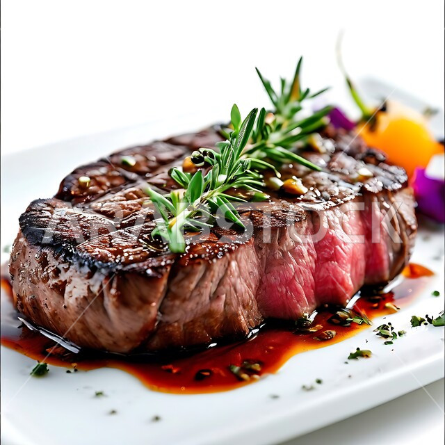 مطاعم و مطابخ المملكة العربية السعودية, فنون تقديم الأطعمة الشرقية, مأكولات صحية شهية, وصفات اللحوم الغنية بالبروتين, صورة مقربة لطبق شريحة لحم مشوية شهية مع الأعشاب, خلفية بيضاء