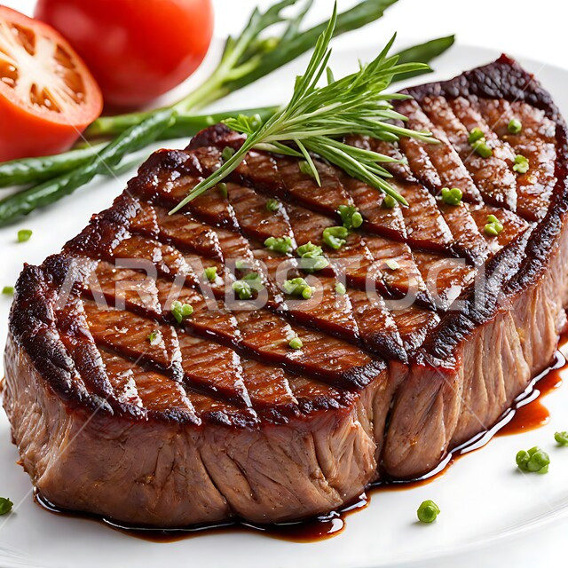 Restaurants and kitchens of the Kingdom of Saudi Arabia, the art of presenting oriental foods, delicious healthy foods, recipes for meats rich in protein, a close-up of a delicious grilled steak dish with herbs, white background