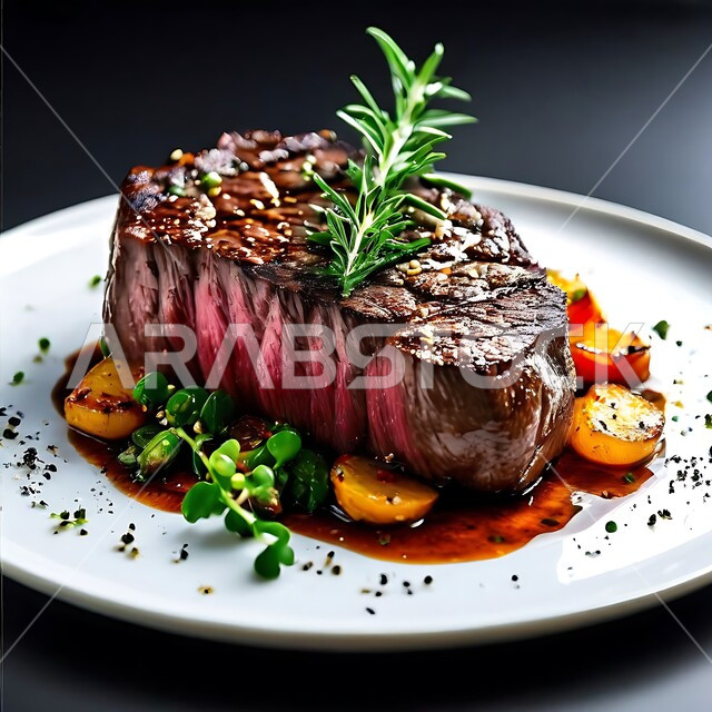 مطاعم و مطابخ المملكة العربية السعودية, فنون تقديم الأطعمة الشرقية, مأكولات صحية شهية, وصفات اللحوم الغنية بالبروتين, صورة مقربة لطبق شريحة لحم مشوية شهية مع الأعشاب