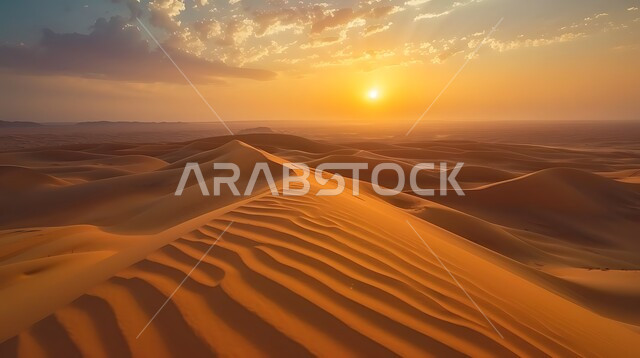 Sand dunes and hills in desert environment at sunset, dunes and soft golden sand in Saudi Arabia desert, nature background