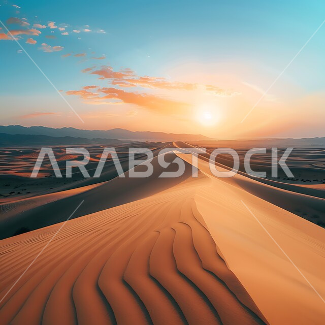  الهضاب والتلال الرملية في البيئة  وقت غروب الشمس، نمو النباتات الخضراء والأعشاب البرية في الأراضي الصحراوية ،  الكثبان والرمال الذهبية الناعمة في صحراء المملكة العربية السعودية،  خلفيه الطبيعه