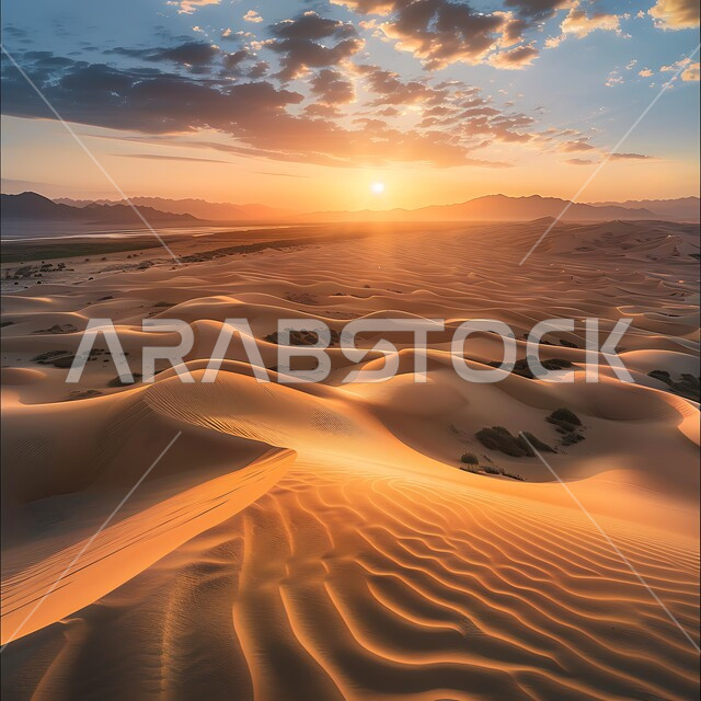 نمو النباتات الخضراء والأعشاب البرية في الأراضي الصحراوية ،  الكثبان والرمال الذهبية الناعمة في صحراء المملكة العربية السعودية، الهضاب والتلال الرملية في البيئة  وقت غروب الشمس، خلفيه الطبيعه