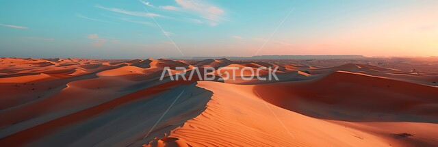الهضاب والتلال الرملية في البيئة الصحراوية وقت غروب الشمس، الكثبان والرمال الذهبية الناعمة في صحراء المملكة العربية السعودية، خلفية الطبيعة  