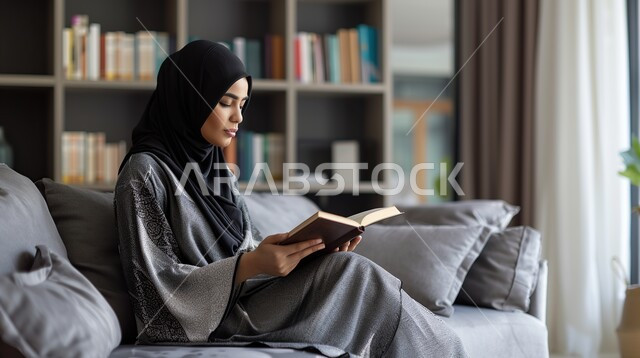 Spending free time learning and culture, hobby of reading and exploration, concept of education and scientific research, young Saudi Arabian Gulf woman wearing abaya and hijab sitting on a comfortable sofa reading a book