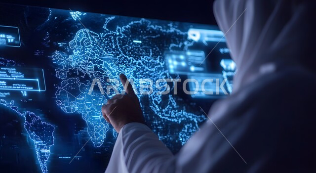 3D hologram background of Arab countries map, rise and fall of stocks in global stock market, close up of a Saudi Arabian Gulf man wearing traditional thobe pointing at a screen full of numbers and statistics, economy and trade around the world