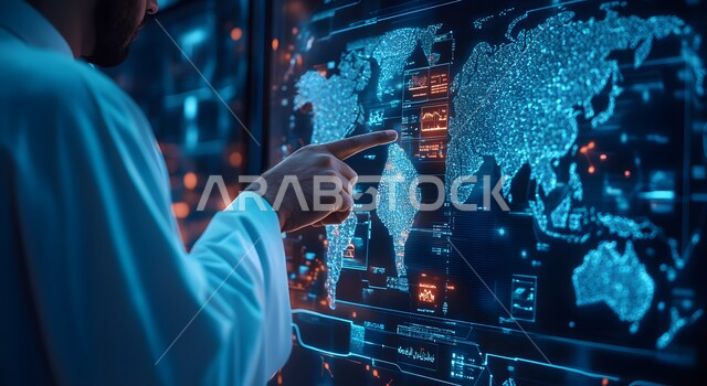 خلفية هولوجرامية ثلاثية الأبعاد لخريطة الدول العربية، ارتفاع وانخفاض الأسهم في سوق البورصة العالمي, صورة مقربة لرجل عربي خليجي سعودي يرتدي الثوب التقليدي يشير الى شاشة مليئة بالأرقام و الإحصائيات، الاقتصاد والتجارة في جميع أنحاء العالم