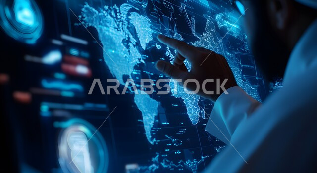  الاقتصاد والتجارة في جميع أنحاء العالم، خلفية هولوجرامية ثلاثية الأبعاد لخريطة الدول العربية، ارتفاع وانخفاض الأسهم في سوق البورصة العالمي, صورة مقربة لرجل عربي خليجي سعودي يرتدي الثوب التقليدي يشير الى شاشة مليئة بالأرقام و الإحصائيات