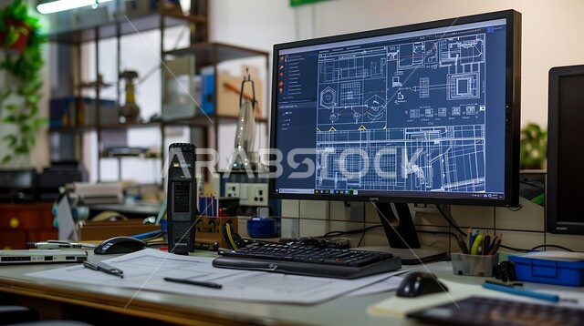 مساحة عمل مهندس منظمة بشكل أنيق في المملكة العربية السعودية، تتميز بالمخططات وأدوات الرسم وجهاز كمبيوتر مزود ببرنامج على الشاشة، مما يسلط الضوء على الدقة والممارسات الهندسية الحديثة.