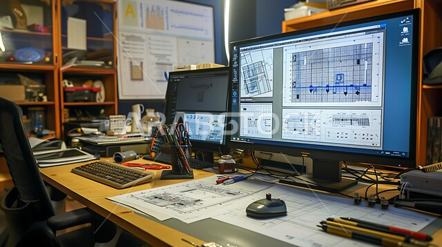  مهن ووظائف هندسية سعودية، المعدات والأدوات ومخططات البناء على طاولة مكتبية، إنجاز مهام العمل ورسم المشاريع بتقنيات حديثة ، متابعة الأعمال والتصاميم عبر جهاز الحاسوب المحمول، مساحة عمل مهندس منظمة بشكل أنيق