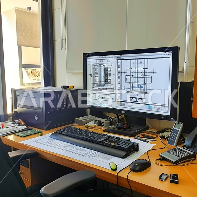 المعدات والأدوات ومخططات البناء على طاولة مكتبية، إنجاز مهام العمل ورسم المشاريع بتقنيات حديثة ، متابعة الأعمال والتصاميم عبر جهاز الحاسوب المحمول، مهن ووظائف هندسية سعودية ، مساحة عمل مهندس منظمة بشكل أنيق