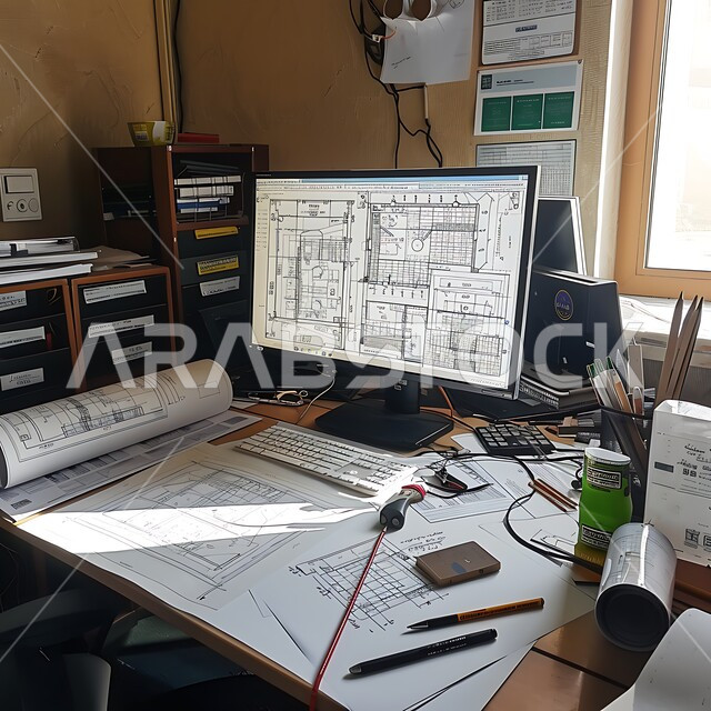  مهن ووظائف هندسية سعودية، المعدات والأدوات ومخططات البناء على طاولة مكتبية، إنجاز مهام العمل ورسم المشاريع بتقنيات حديثة ، متابعة الأعمال والتصاميم عبر جهاز الحاسوب المحمول، مساحة عمل مهندس منظمة بشكل أنيق