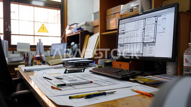 متابعة الأعمال والتصاميم عبر جهاز الحاسوب المحمول، مهن ووظائف هندسية سعودية، المعدات والأدوات ومخططات البناء على طاولة مكتبية، إنجاز مهام العمل ورسم المشاريع بتقنيات حديثة ، مساحة عمل مهندس منظمة بشكل أنيق