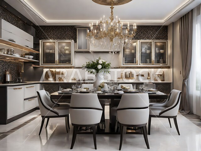 Dining room with elegant designs, engineering arts and the use of elegant artistic style in home furniture, residential apartments and villas in the Kingdom of Saudi Arabia, modern interior home decorations for dining rooms