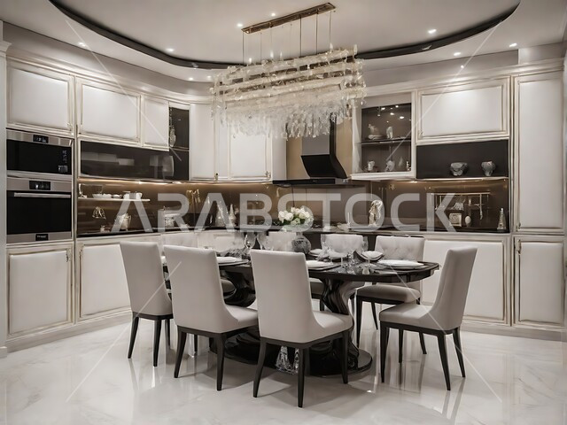 غرفة سفرة بتصاميم راقية، الفنون الهندسية و استخدام الطراز الفني الانيق في الاثاث المنزلي، شقق وفلل سكنية في المملكة العربية السعودية، ديكورات منزلية داخلية حديثة لغرف الطعام