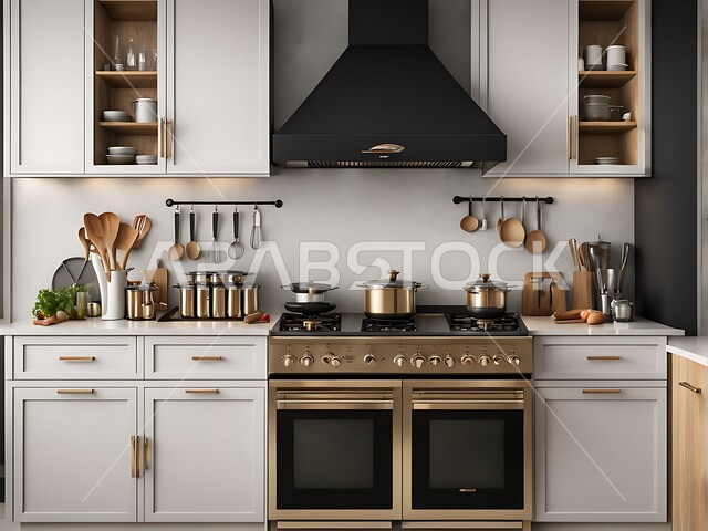 Luxury residential apartments and villas in Saudi Arabia, using elegant artistic style in home furniture, a kitchen with luxurious modern interior decorations in black, distinguished modern architectural arts