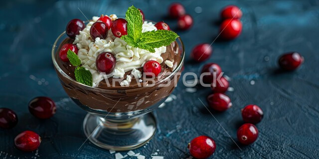 A plate of dark chocolate mousse decorated with cream and cranberries with fresh mint leaves, delicious cold desserts, delicious cocoa cream, high-calorie foods and sugars