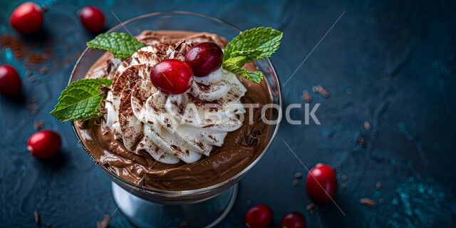 طبق من موس الشوكولاته الداكنة المزين بالكريمة والتوت البري مع ورق النعناع الطازج، حلويات لذيذة باردة، كريمة الكاكاو الشهية، أطعمه وسكريات ذات سعرات حراريه عاليه